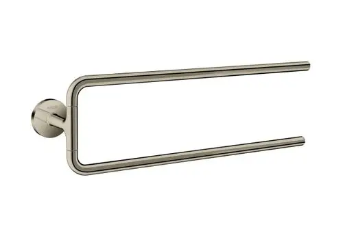 Two-arm towel holder in polished nickel finish mounted on a wall, featuring a circular base with the AXOR logo.